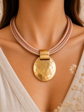 3/30 ✨✨ Gold Disc Pendant Necklace with Blush Multi-Strand Cord